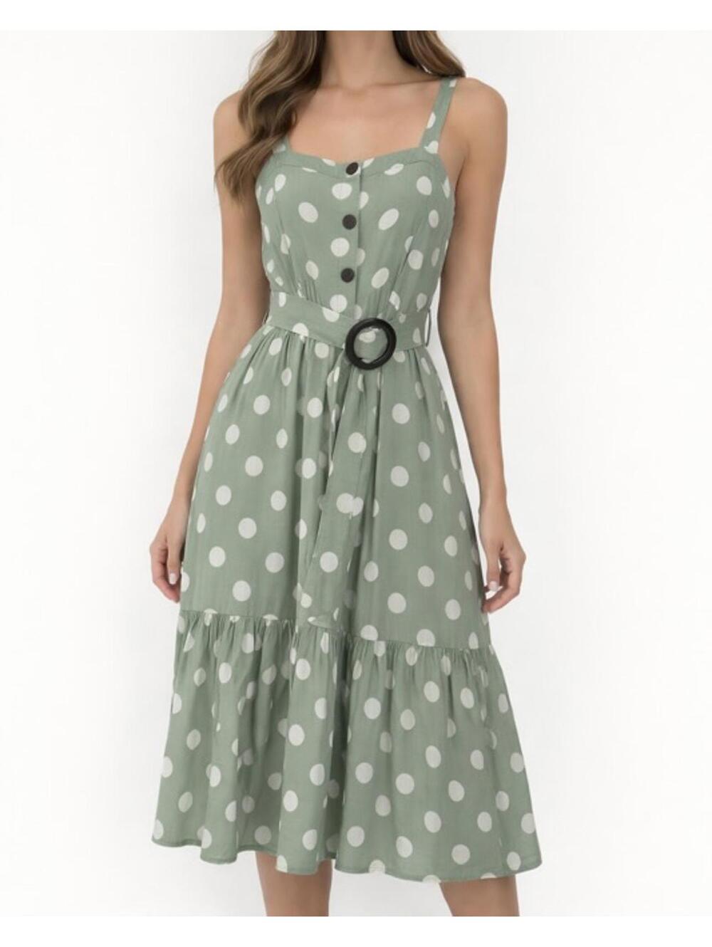 Monteau Linen Blend Polka Dot Midi Dress with Belt Green Size Small